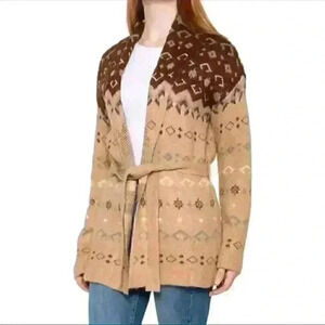 NWT Lucky Brand Fair Isle Cardigan Sweater in Brown/Tan Sz S *no belt